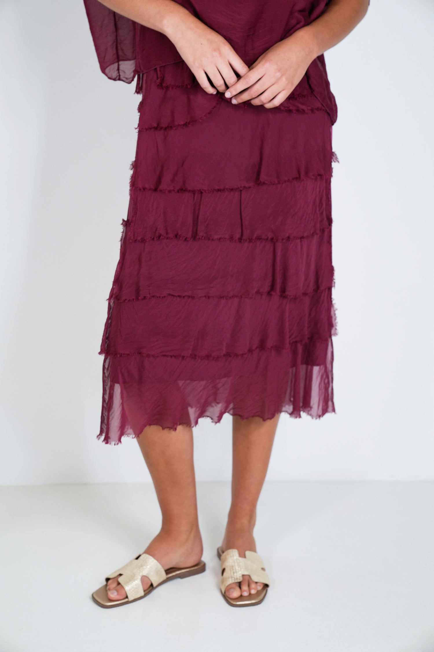 Burgundy Overlay Tier Silk Dress