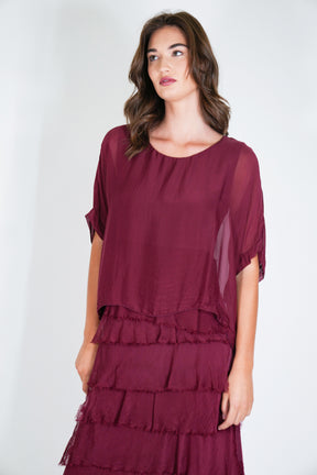 Burgundy Overlay Tier Silk Dress