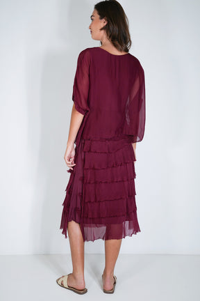 Burgundy Overlay Tier Silk Dress