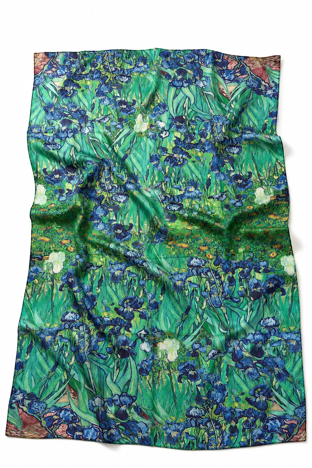 A square scarf featuring a detailed print of Van Gogh's 'Irises Field' in vibrant green, blue, and white tones, laid flat against a white background.