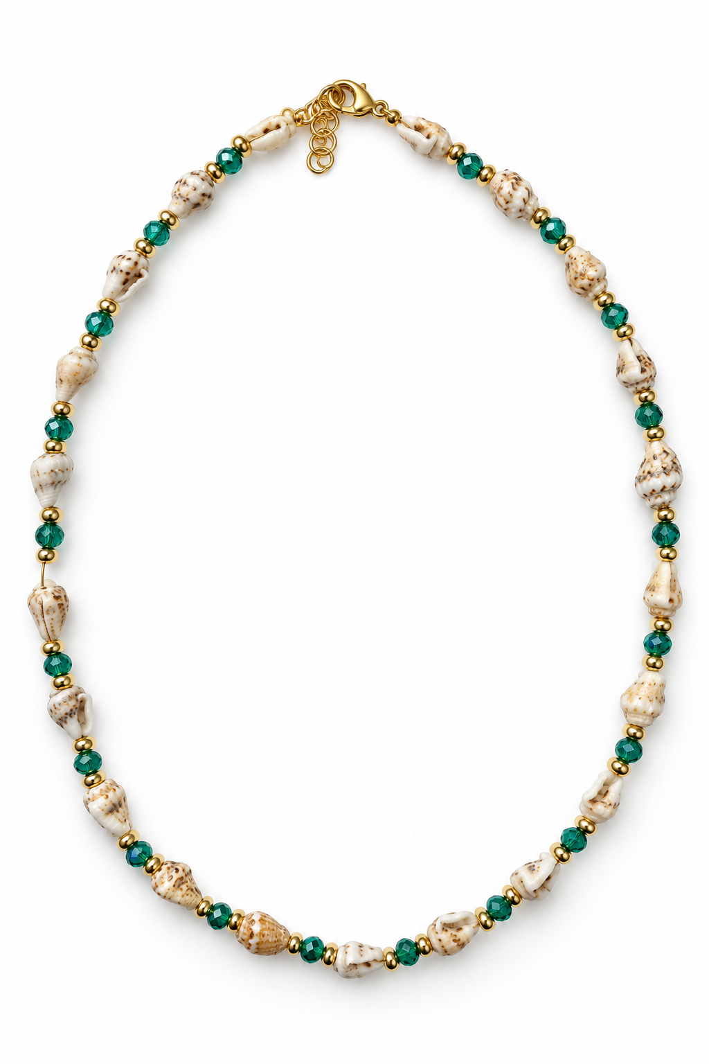 A beaded necklace featuring natural seashells, small green beads, and gold spacer beads, arranged in an oval on a plain white background.