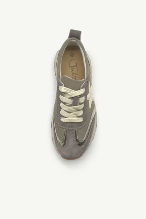 Gray sneaker with white laces on a white background