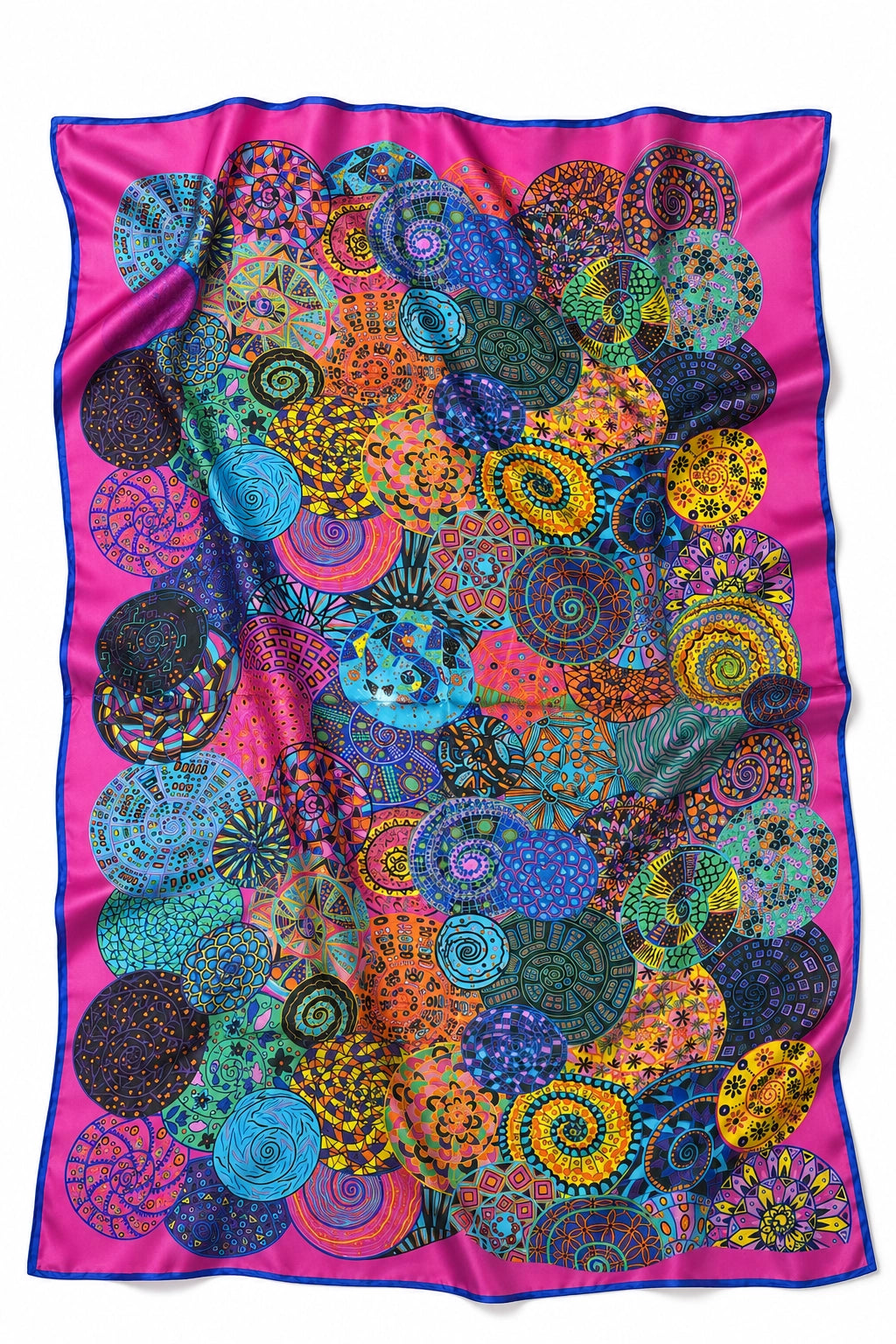 A square silk scarf featuring a vibrant, multicolored bohemian pattern of overlapping circles and spirals, finished with a bright pink border and blue edge trim.