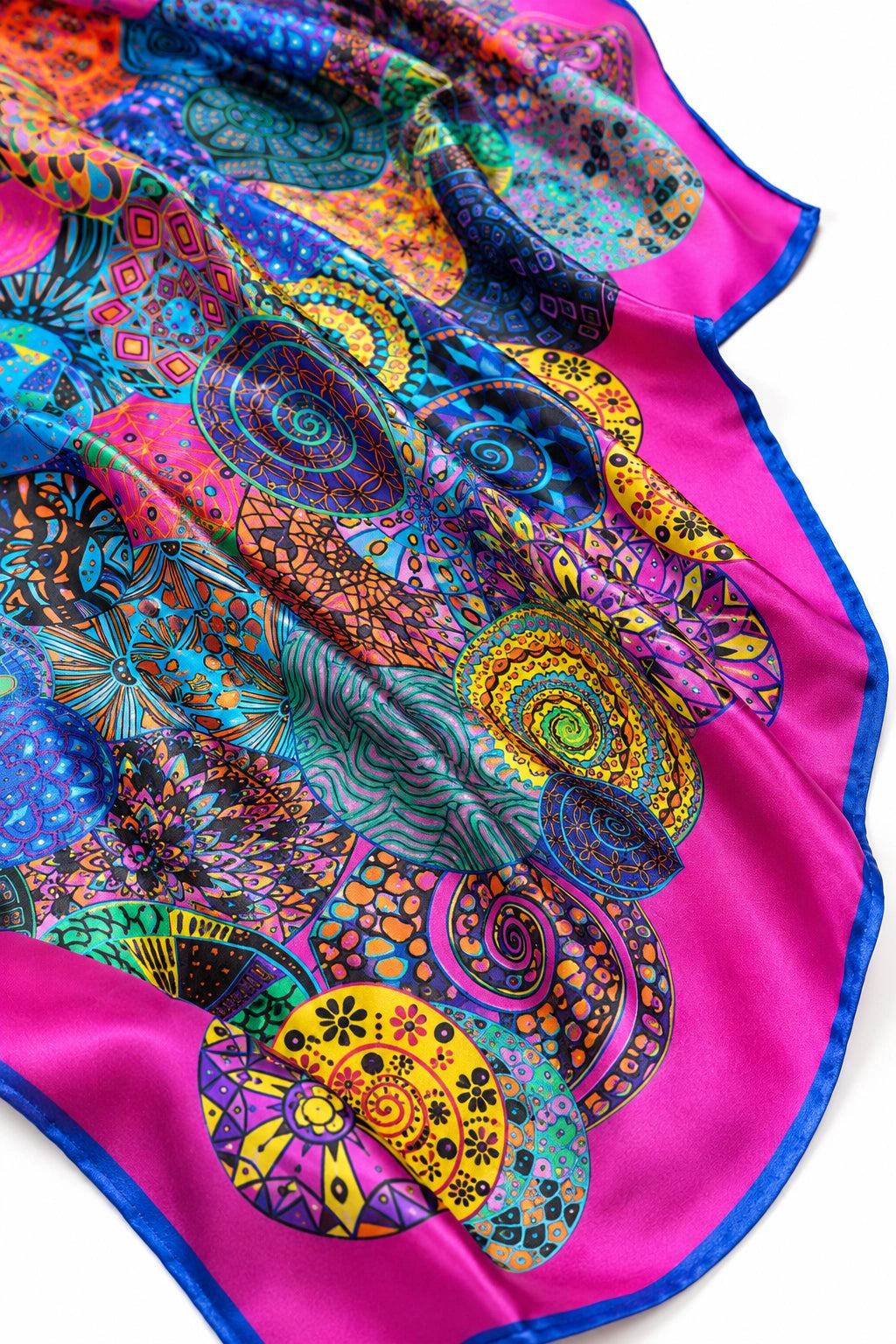 A vibrant silk scarf featuring a colorful psychedelic paisley and mandala pattern with a bright magenta-pink border, displayed in a draped layout on a white background.