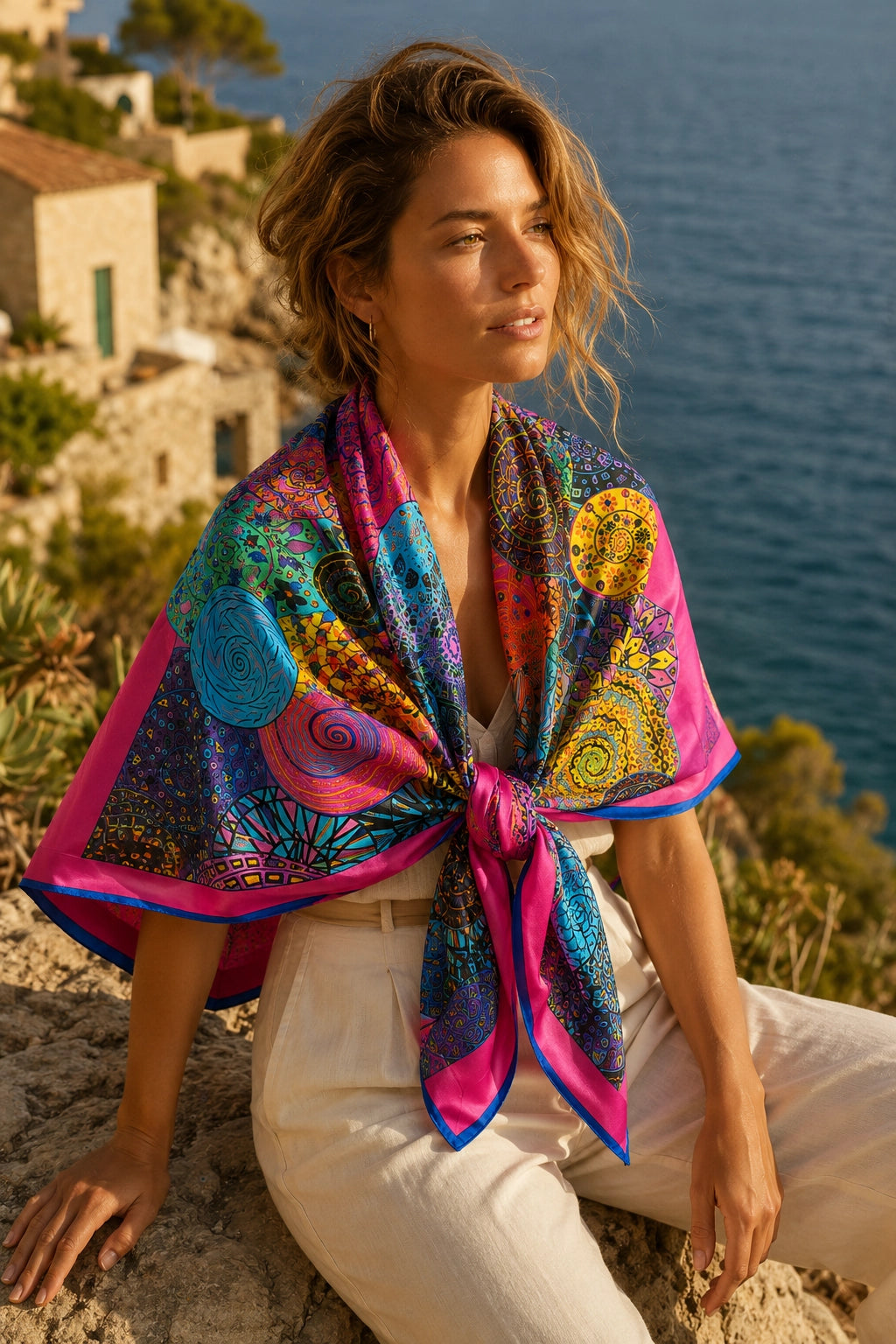 A woman sitting outdoors by the sea wears a brightly colored patterned scarf tied around her shoulders, paired with light beige pants. The background shows coastal buildings and blue water.