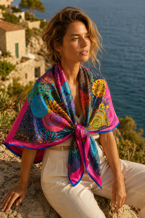 A woman sitting outdoors by the sea wears a brightly colored patterned scarf tied around her shoulders, paired with light beige pants. The background shows coastal buildings and blue water.