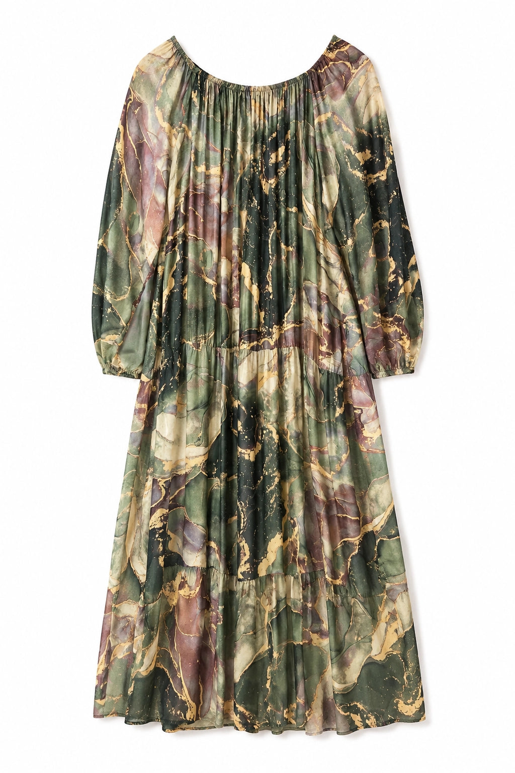A long-sleeve midi dress with a pleated, gathered silhouette and an abstract marble print in shades of olive green, brown, beige, and muted purple, shown against a plain white background.