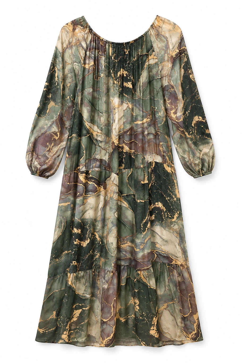 A long-sleeve midi dress with a pleated bodice and a flowing skirt, featuring an abstract marble print in olive green, brown, beige, and gold tones, shown against a plain white background.