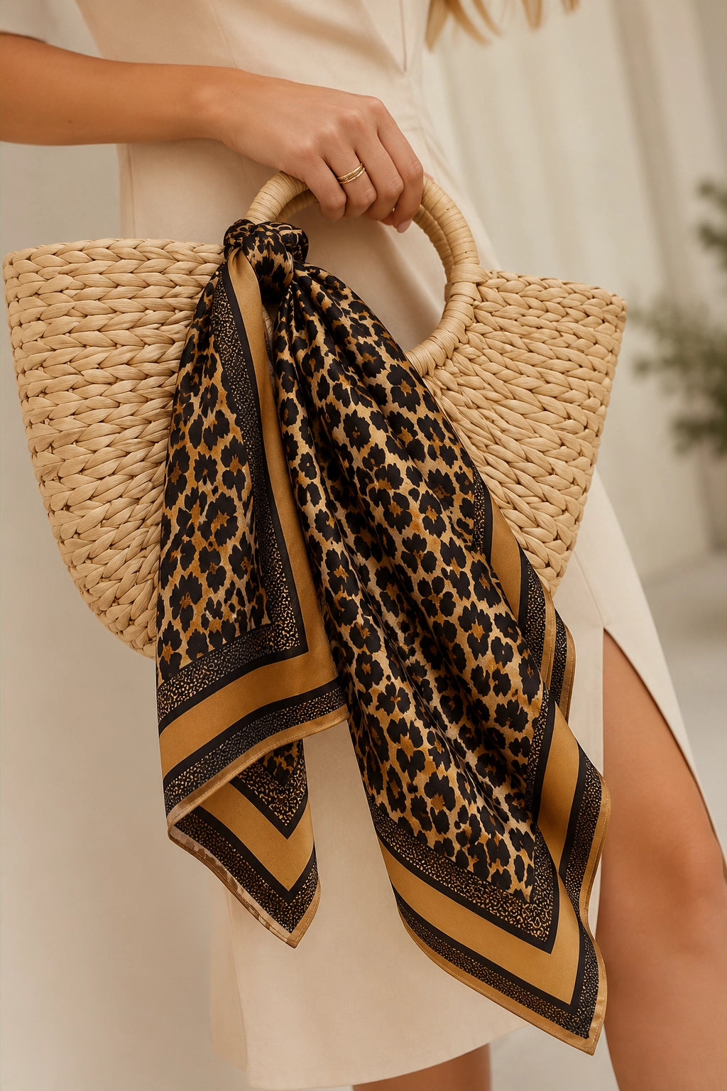 A woman in a cream dress holds a woven straw tote bag with a leopard print scarf tied around its handle. The scarf has black, brown, and tan patterns with a striped border.