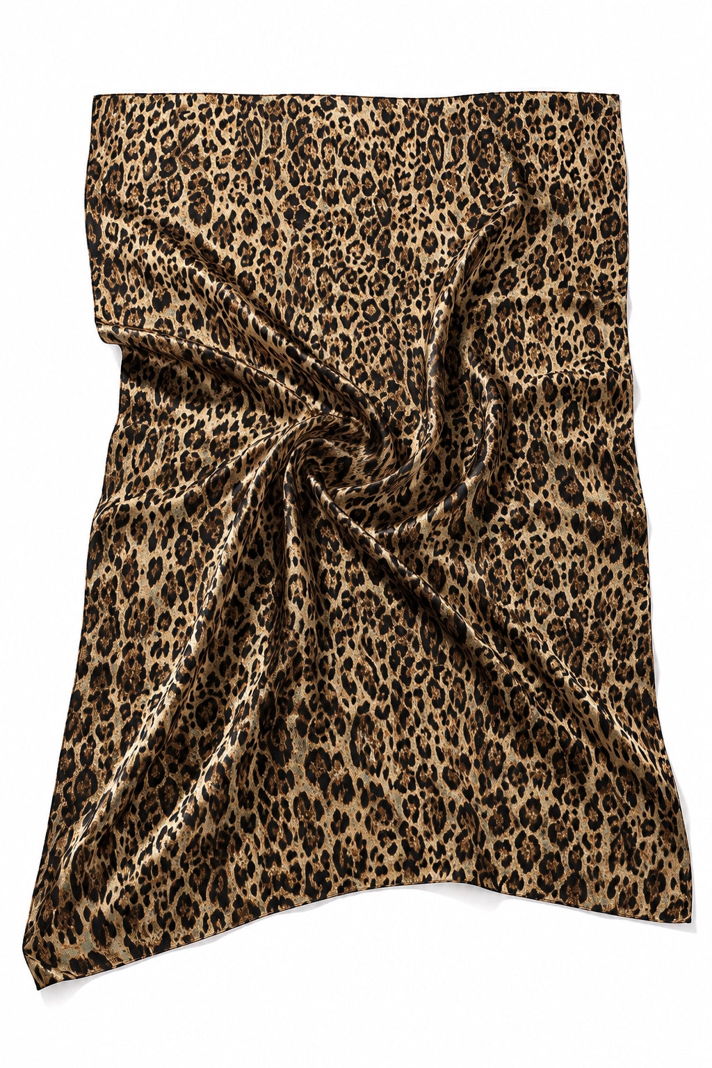 A leopard print scarf draped in a swirl pattern on a solid white background.