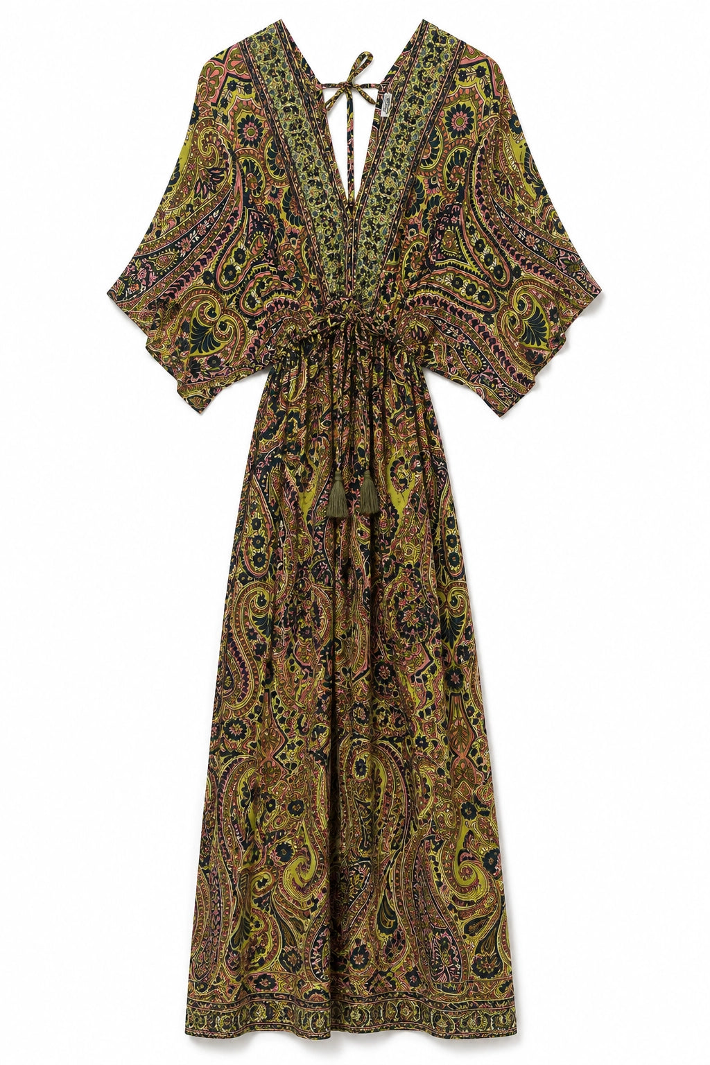 A long kaftan-style dress with a paisley print in olive green, brown, and black, featuring a V-neckline with tie details at the back and a drawstring waist.