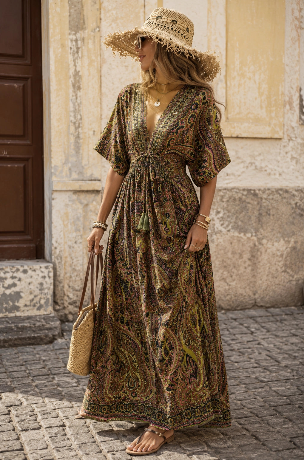 A woman wearing a bohemian-style maxi dress with a brown, gold, and green paisley pattern, a wide-brimmed straw hat, and carrying a woven straw bag while standing on a cobblestone street.