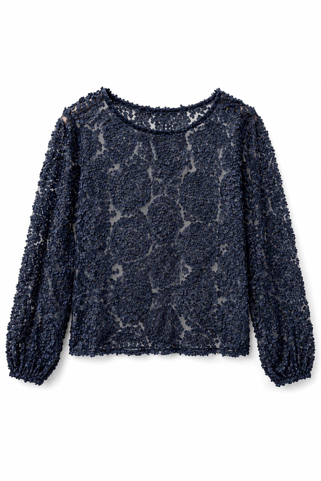 A dark navy blue textured knit top with a snakeskin pattern, featuring long balloon sleeves and a crew neckline, shown against a plain white background.