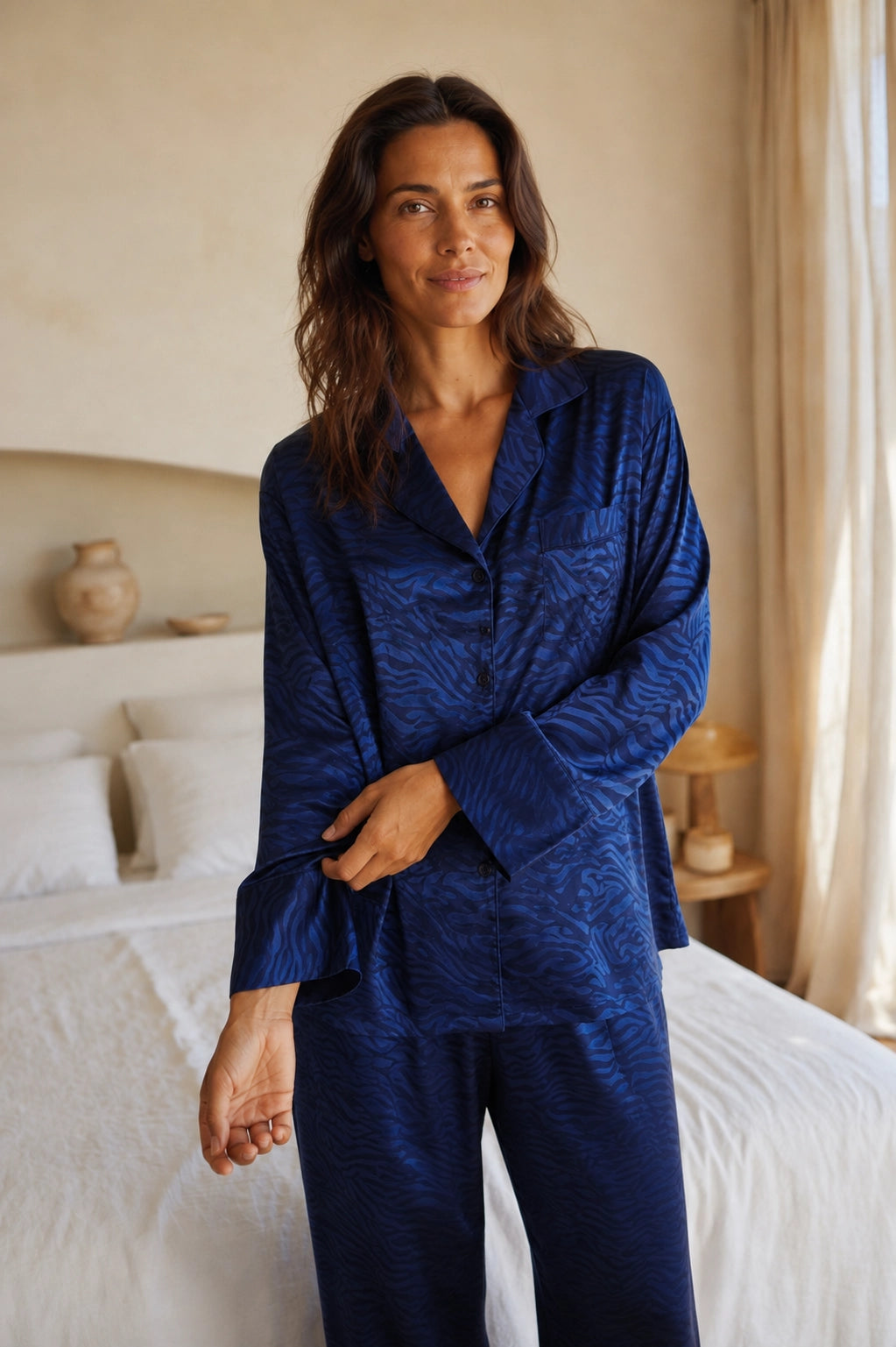 Navy Print Satin Long PJ Set