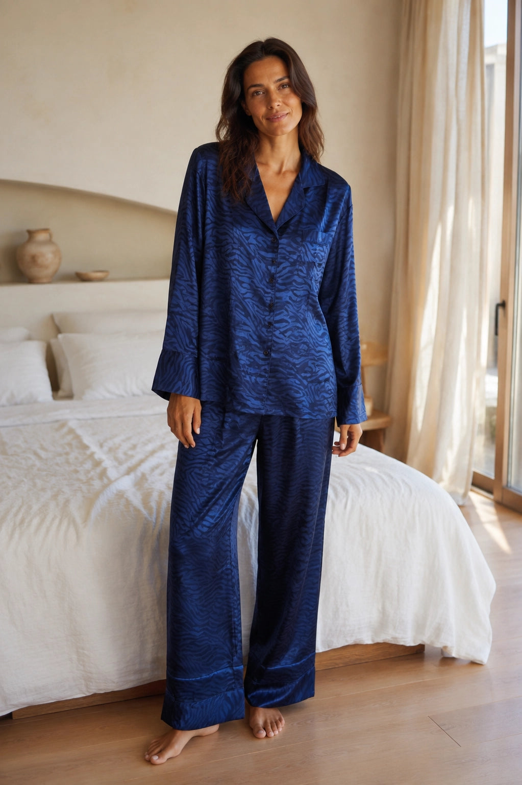 Navy Print Satin Long PJ Set