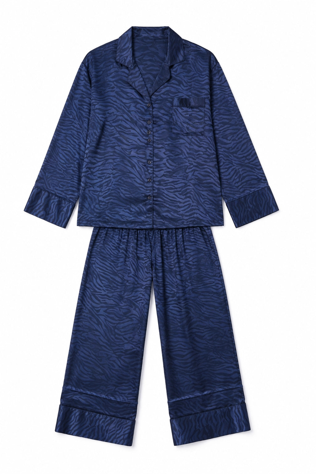 Navy Print Satin Long PJ Set