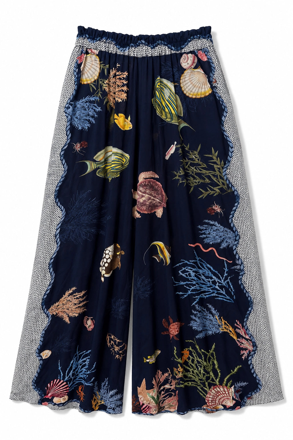 A pair of wide-leg cropped pants featuring a dark navy blue base printed with an underwater theme including fish, seashells, and coral, framed by textured gray patterned side panels and a ruffled waistband.