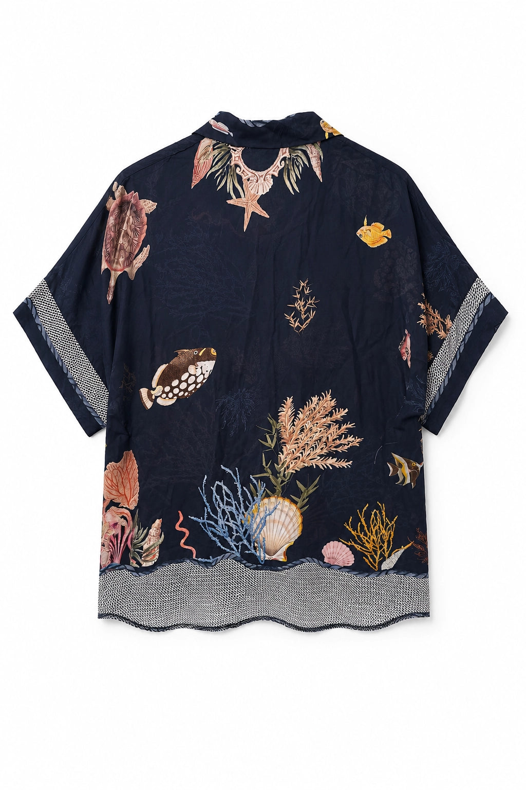 A short-sleeve button-up shirt in dark navy blue, featuring an all-over embroidered underwater theme with fish, seashells, coral, and seaweed in muted beige, brown, and blue tones. The shirt has a textured gray hem and sleeve cuffs.