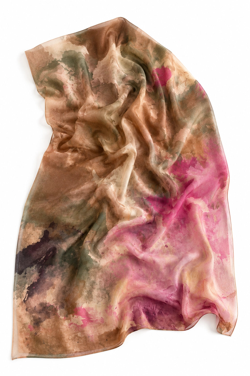 A lightweight, semi-sheer silk scarf with an abstract watercolor pattern in shades of pink, beige, brown, and green, draped on a solid white background.