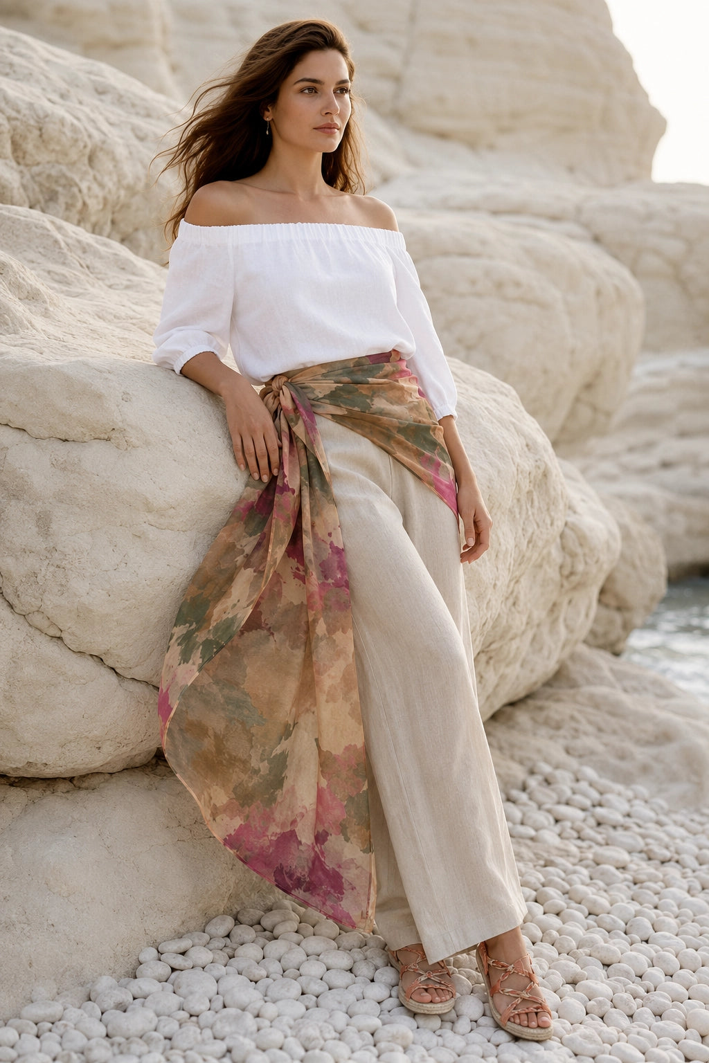 A woman posing outdoors on white pebbles next to large beige rocks, wearing a white off-the-shoulder top, cream wide-leg pants, and a sheer floral sarong tied around her waist.