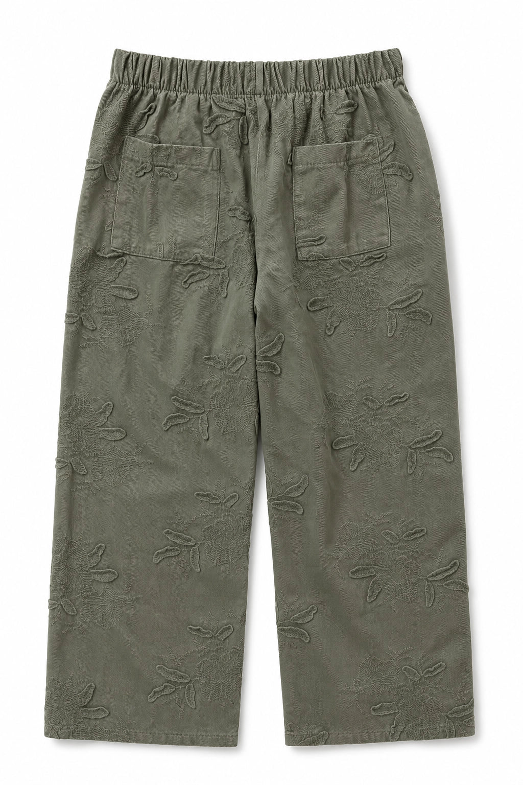 Olive green cropped pants with an all-over tonal floral jacquard pattern, featuring an elastic waistband and two front patch pockets.