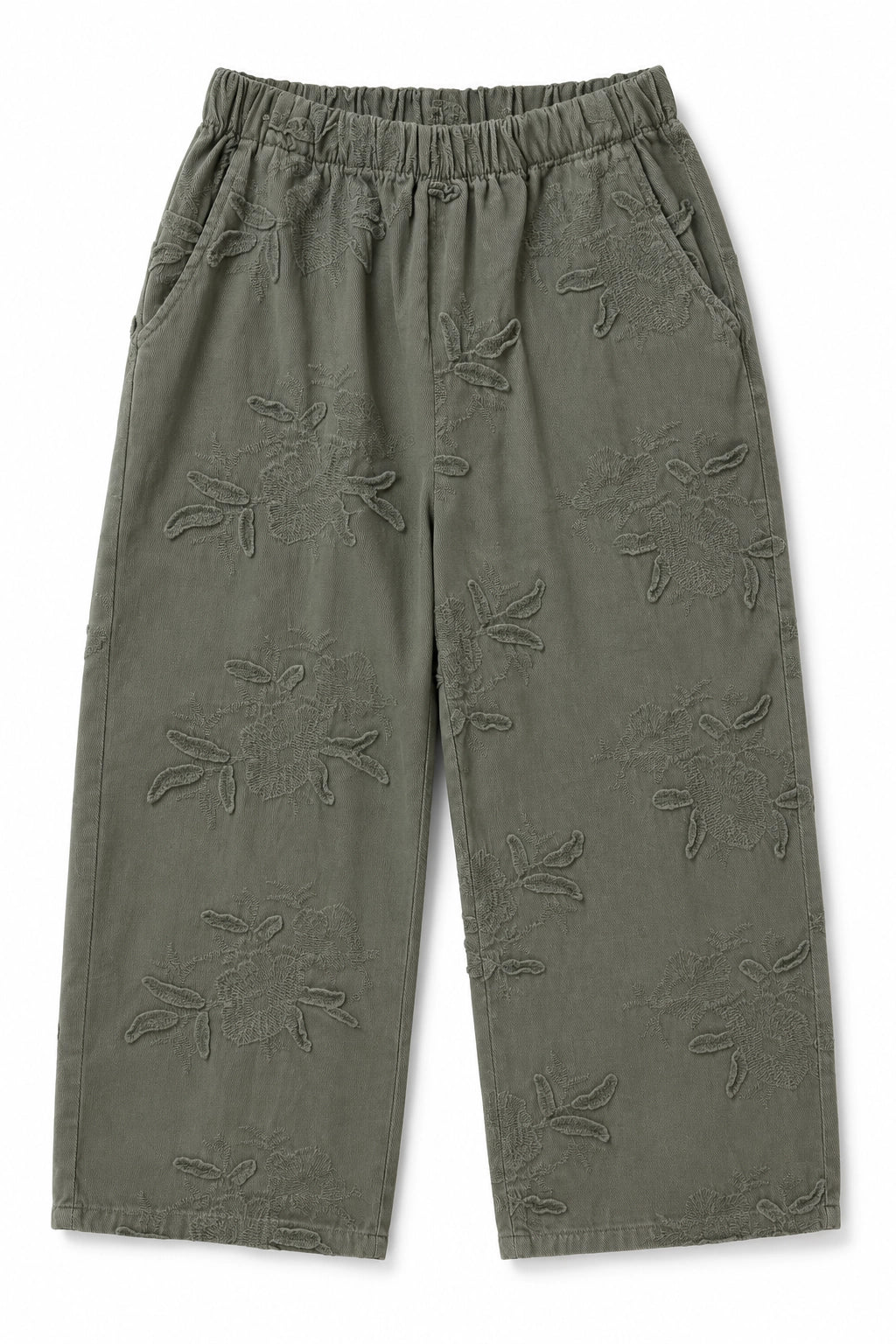 Olive green cropped pants with an all-over tonal floral jacquard pattern, featuring an elastic waistband and side pockets, shown flat on a white background.