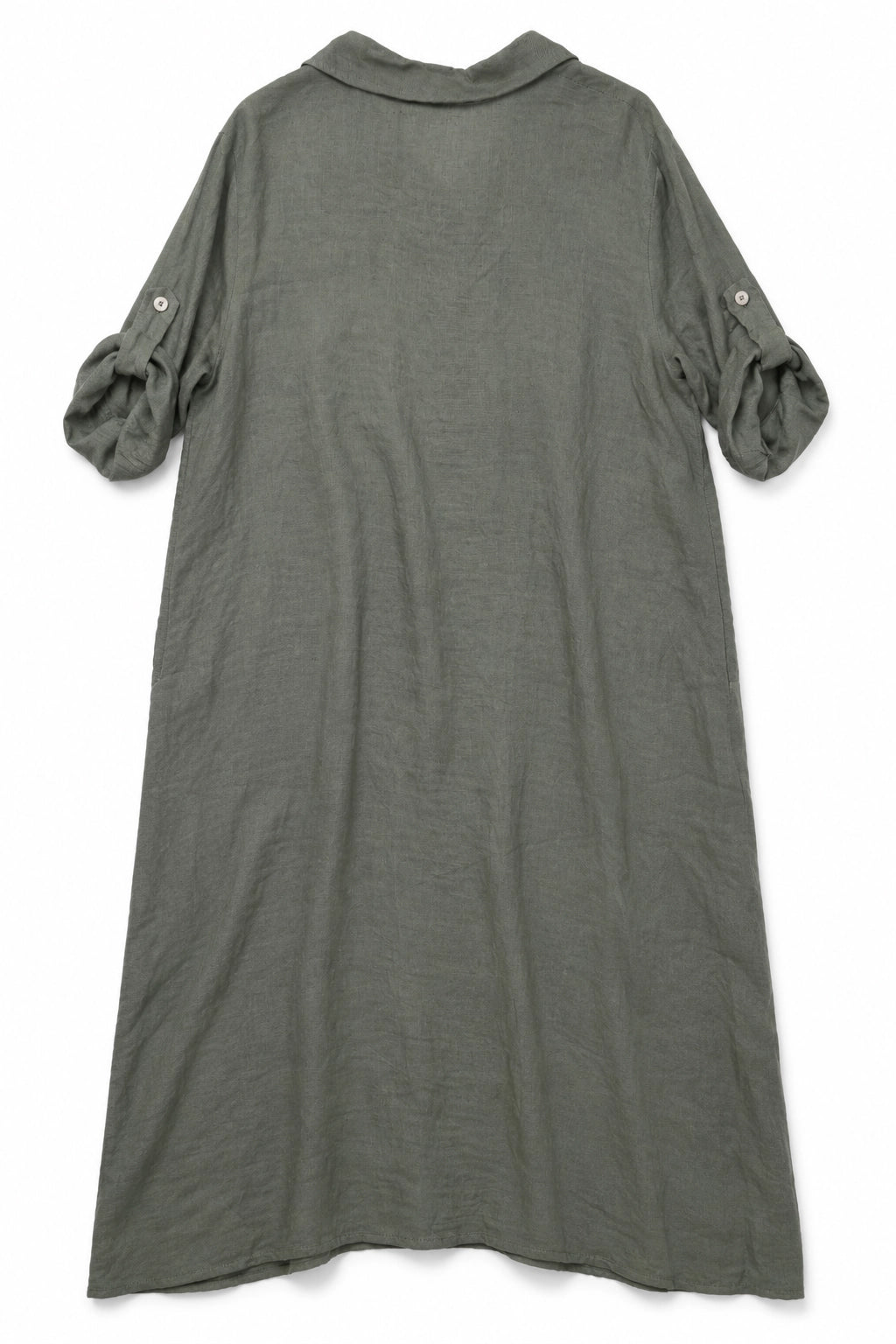 An olive green linen shirt dress with rolled-up sleeves featuring button details, shown from the back on a white background.