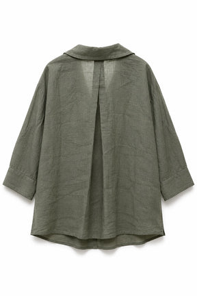 An olive green linen shirt jacket with a wide collar and three-quarter sleeves, shown from the back on a white background.