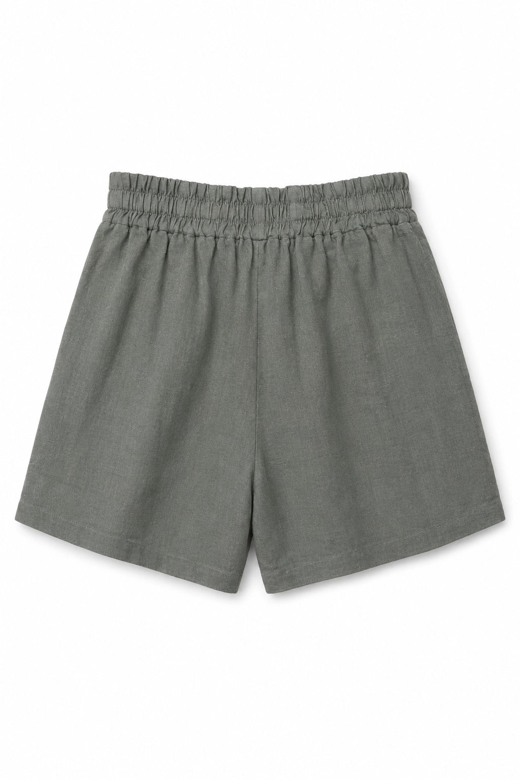 A pair of gray linen-blend shorts with an elastic waistband, shown flat against a white background.