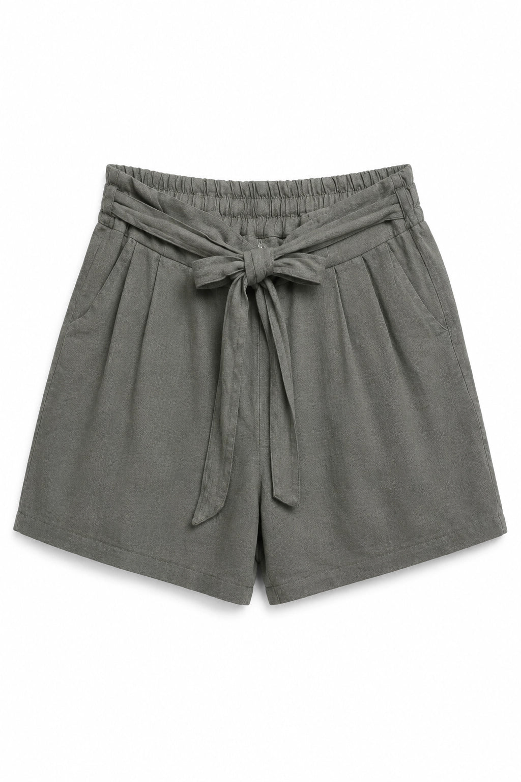 A pair of women's high-waisted shorts in a muted grayish-green or sage color, featuring an elastic waistband with a matching fabric tie belt, side pockets, and a relaxed, comfortable fit.