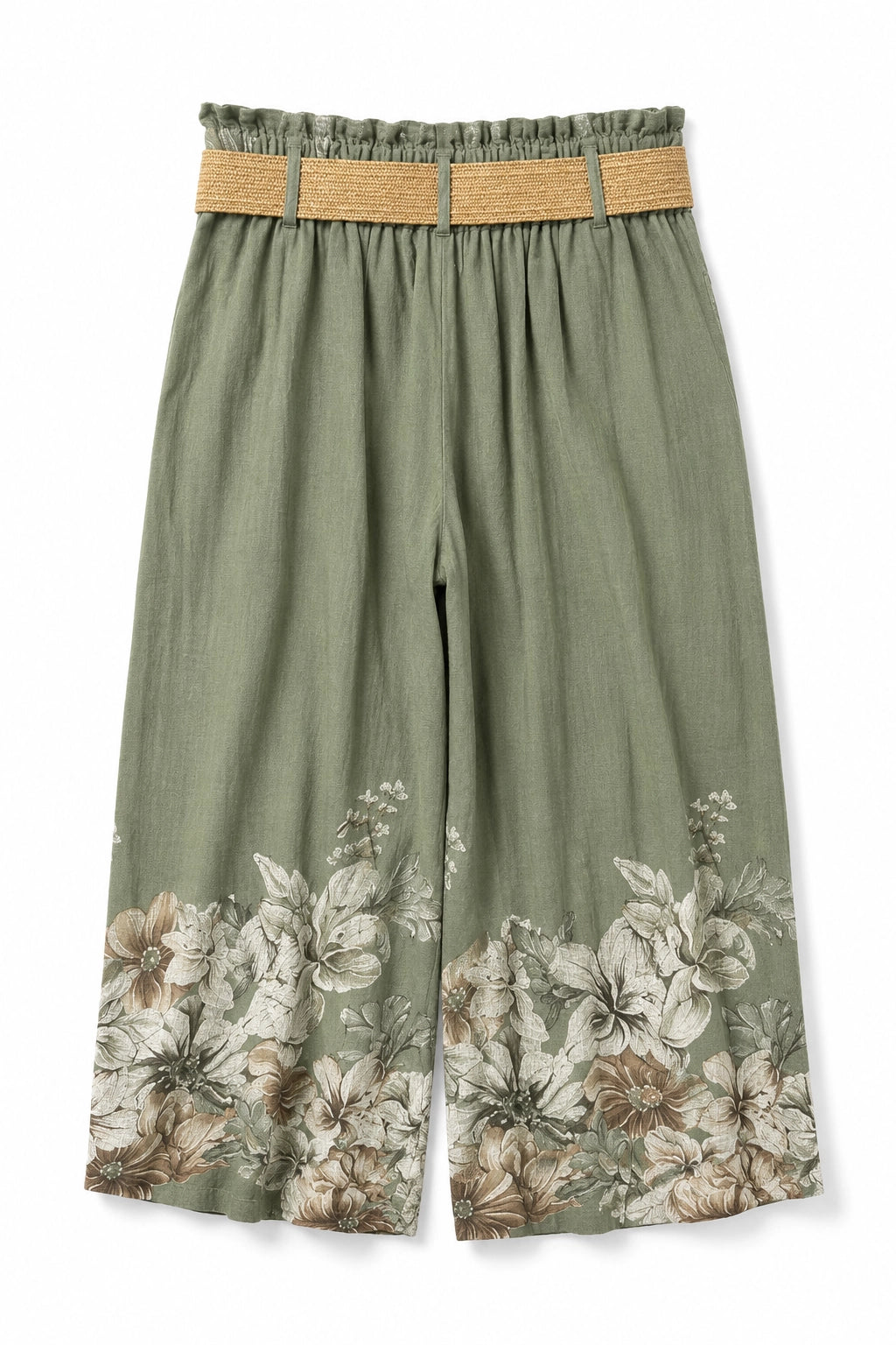 Olive green wide-leg cropped pants with a floral print at the hem and a tan woven belt at the elasticized waistband, shown flat on a white background.