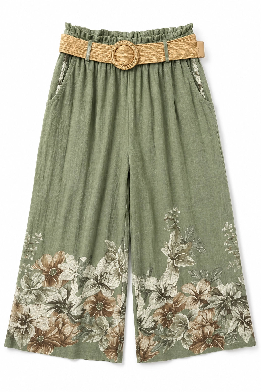 Olive green wide-leg cropped pants with a floral print at the hem, featuring a matching woven tan belt with a round wooden-style buckle, shown on a plain white background.