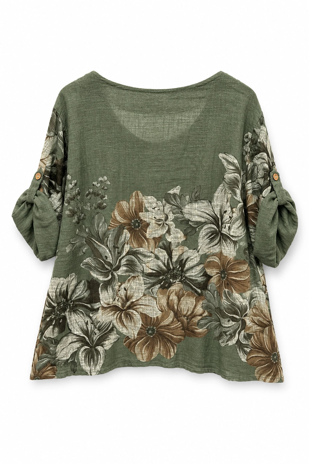 An olive green short-sleeve top with a large floral print in brown, beige, and white, featuring gathered puff sleeves with small gold buttons.
