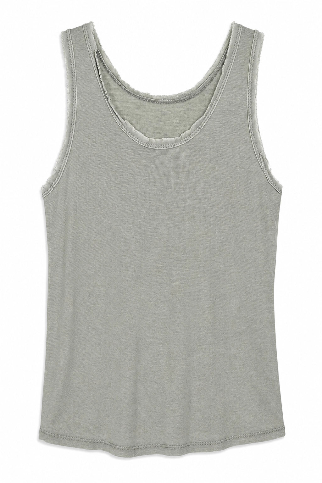 A light gray sleeveless tank top with a raw, frayed scoop neckline, shown flat against a white background.