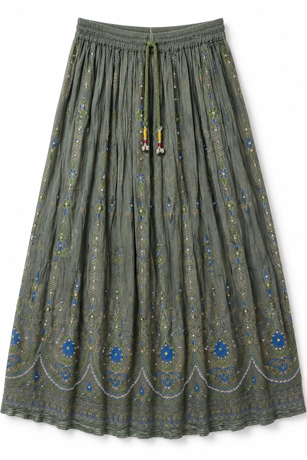 An olive green pleated skirt with blue and yellow embroidered patterns, featuring a drawstring waistband.