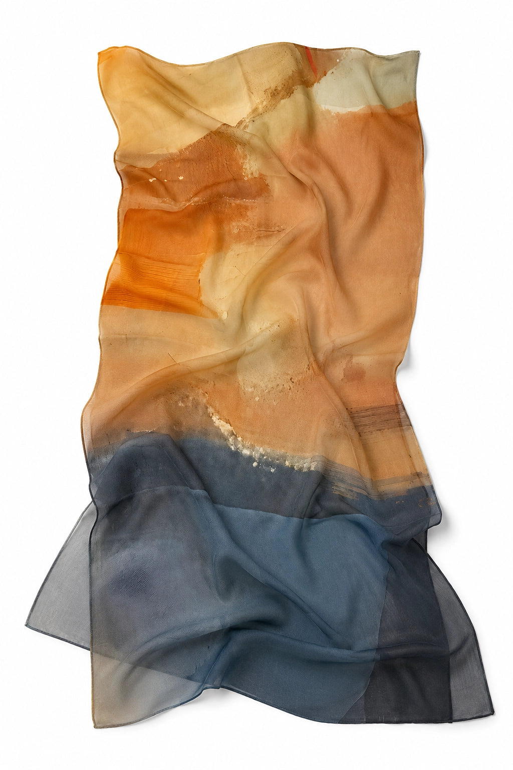 A lightweight sheer scarf with an abstract watercolor-like design, featuring a gradient from warm orange and beige at the top to a deep slate blue at the bottom, displayed on a clean white background.