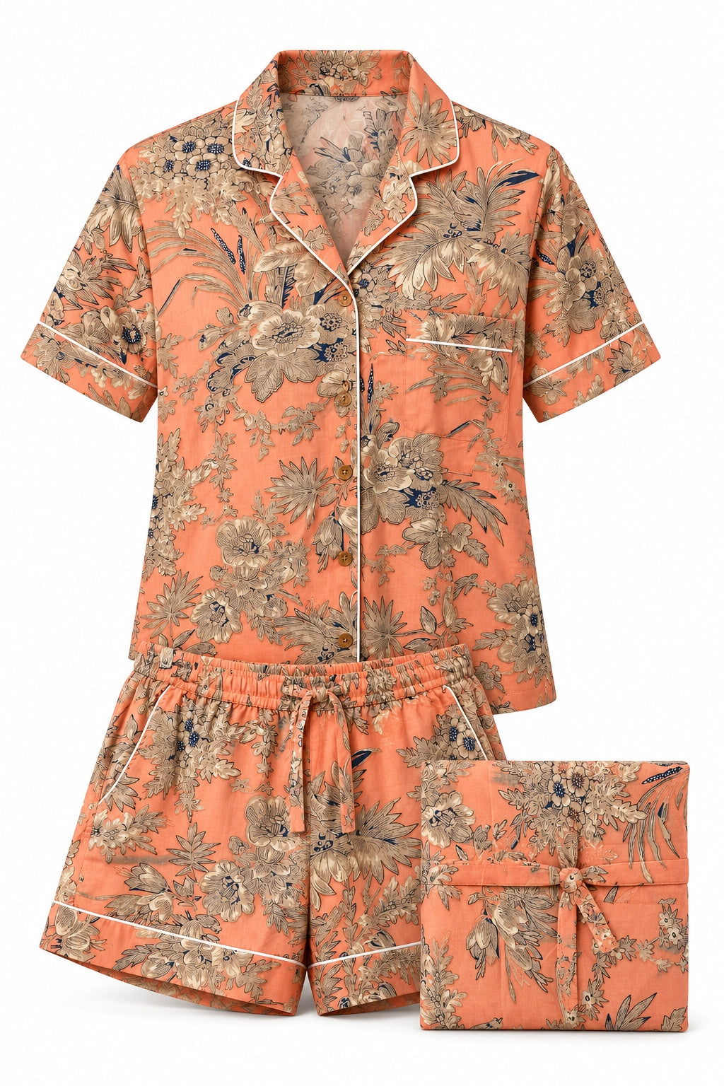 Peach and Taupe Floral Cotton Shorty PJ In Bag