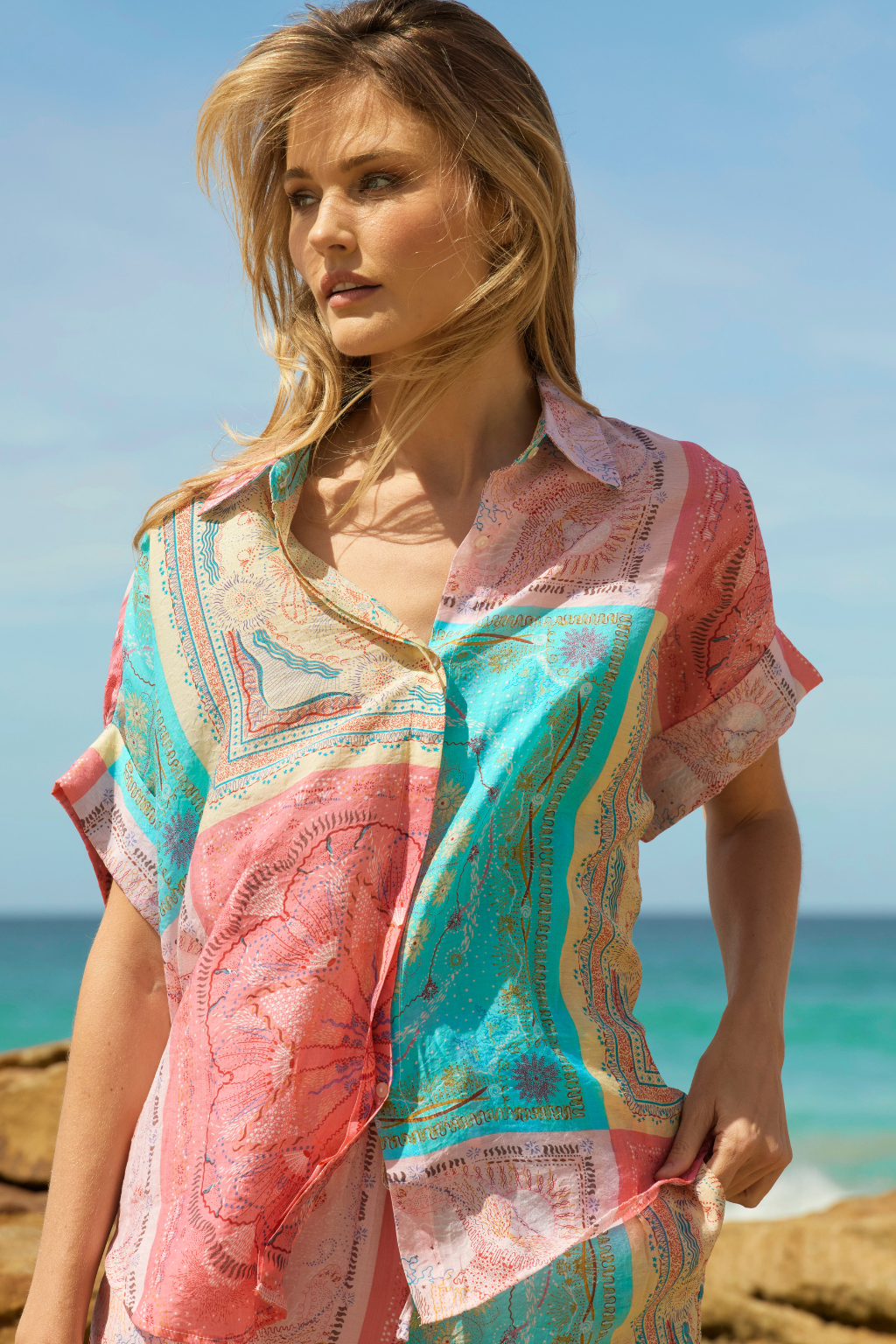 Pink and Turquoise Print Blouse