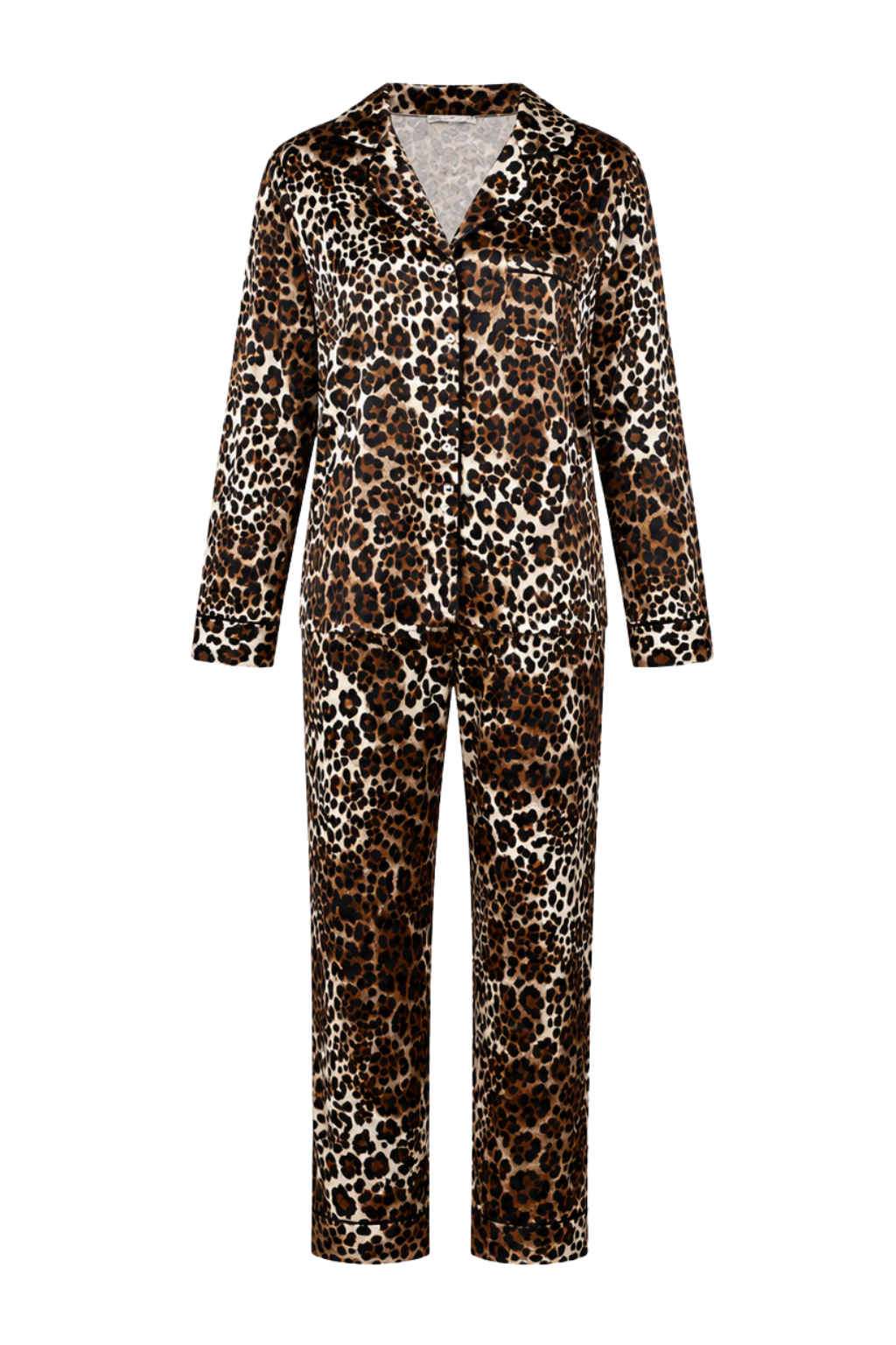 A long-sleeve one-piece pajama set with a brown, black, and beige leopard print pattern, shown against a plain white background.