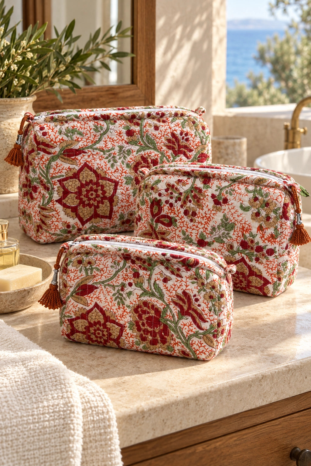 Three floral-patterned cosmetic pouches in different sizes arranged on a bathroom counter, with a sink, soap dish, and outdoor ocean view in the background.
