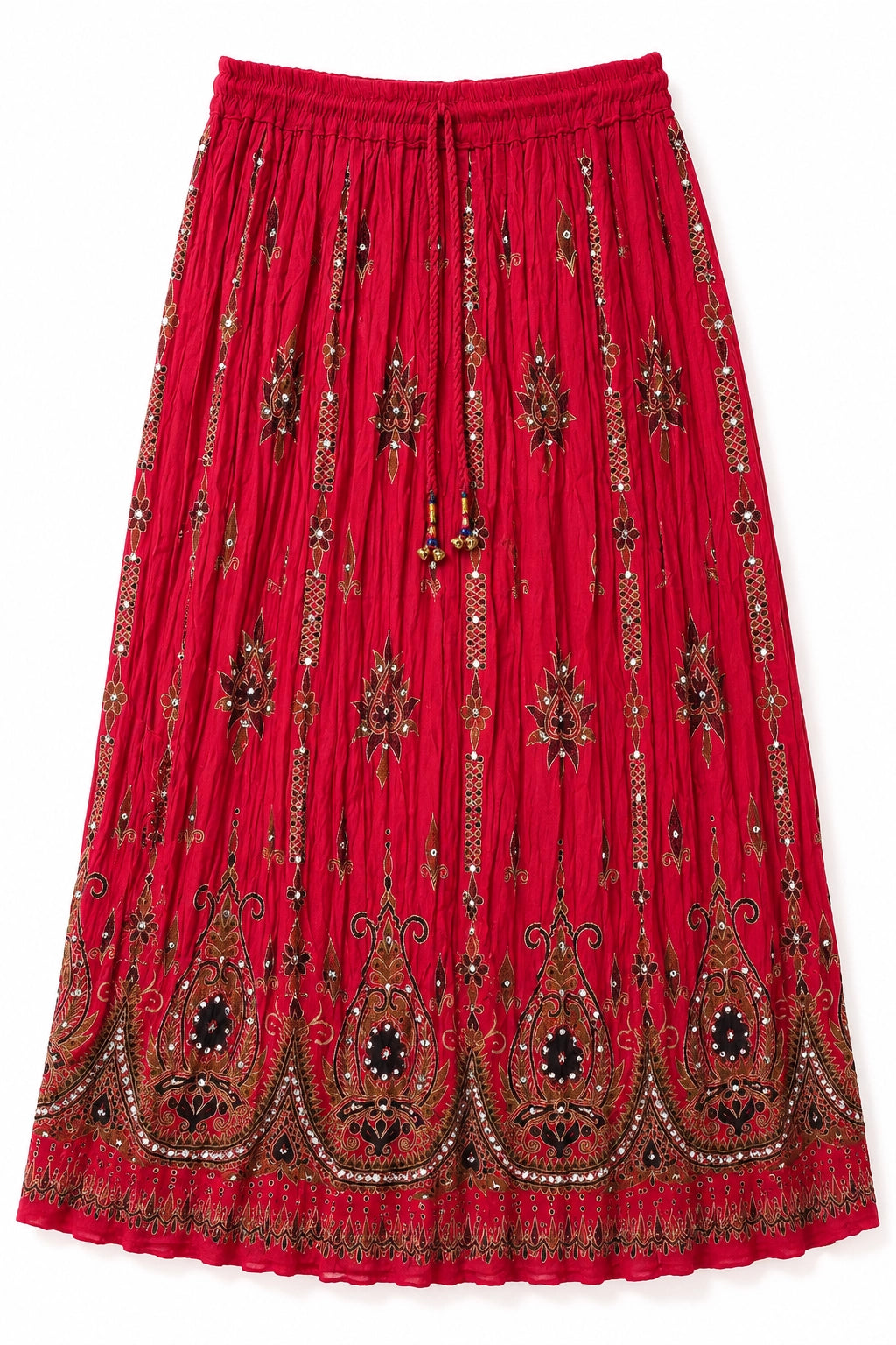 A vibrant red pleated skirt featuring intricate black and gold embroidery, a matching drawstring waist, and a decorative border at the hem, shown against a plain white background.