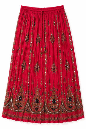 A vibrant red pleated skirt featuring intricate black and gold embroidery, a matching drawstring waist, and a decorative border at the hem, shown against a plain white background.