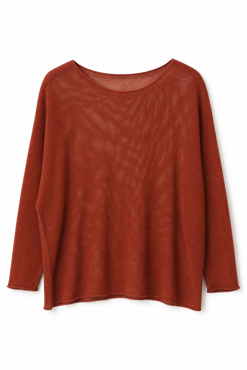 A rust-colored, long-sleeve knit top with a wide boat neckline, displayed against a plain white background.