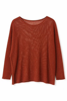 A rust-colored, long-sleeve knit top with a wide boat neckline, displayed against a plain white background.