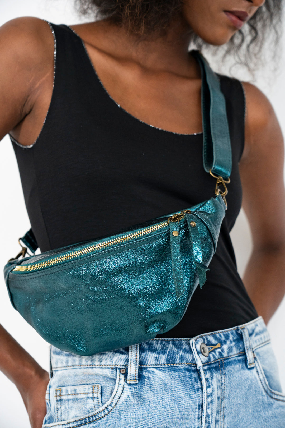 Teal Leather Metallic Moonbag