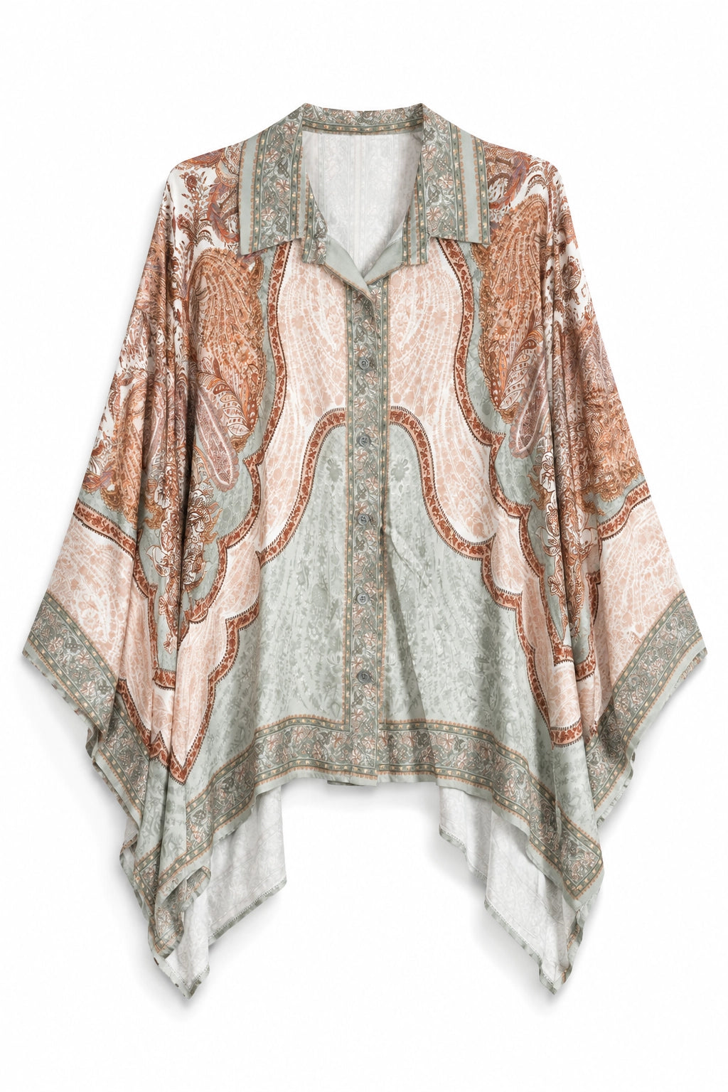 A lightweight, open-front poncho-style top featuring a detailed paisley and floral pattern in muted tones of sage green, dusty pink, and terracotta, displayed against a solid white background.