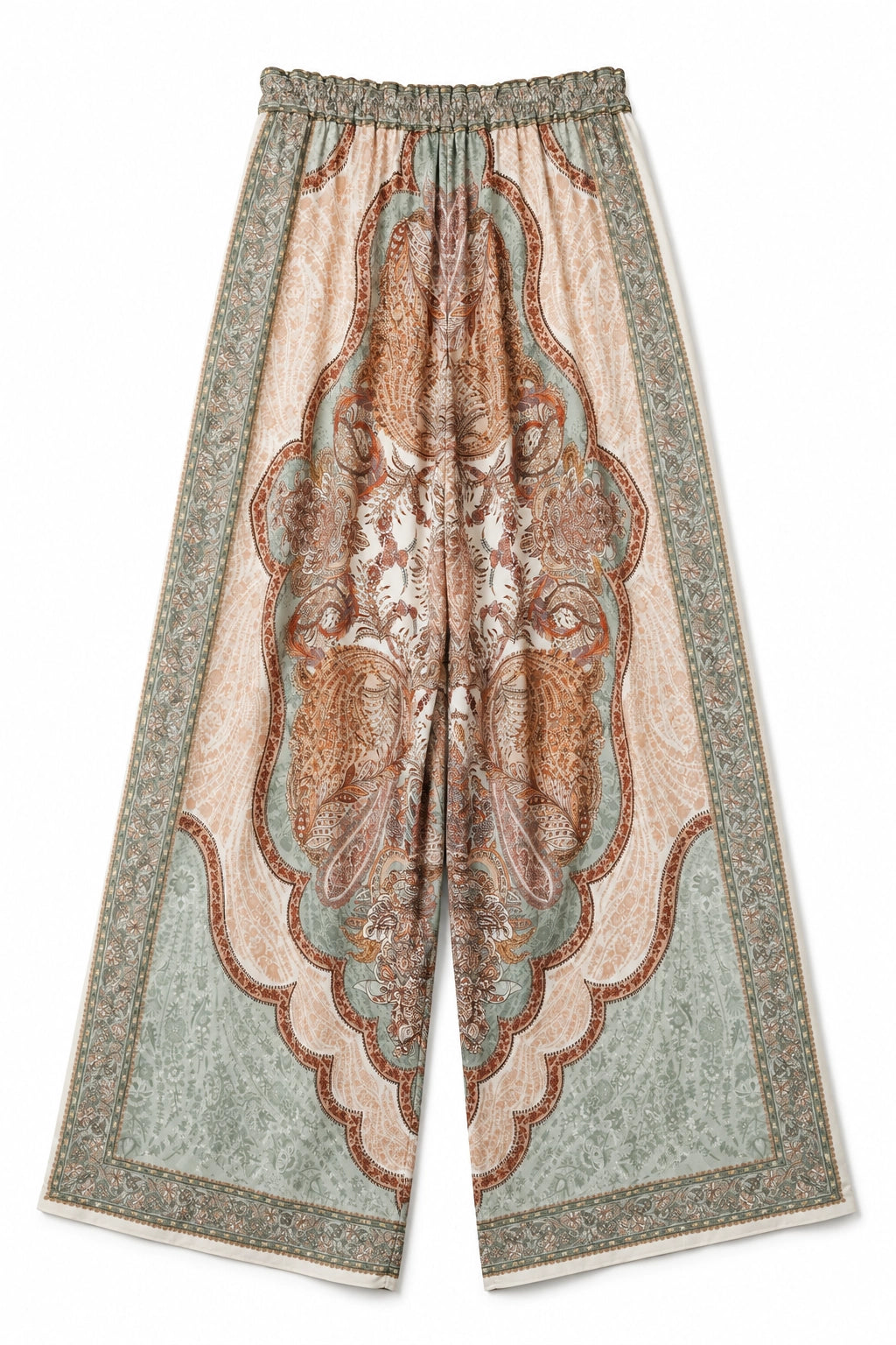 A pair of wide-leg cropped pants featuring a detailed paisley and floral print in beige, brown, and sage green, with an elastic waistband.