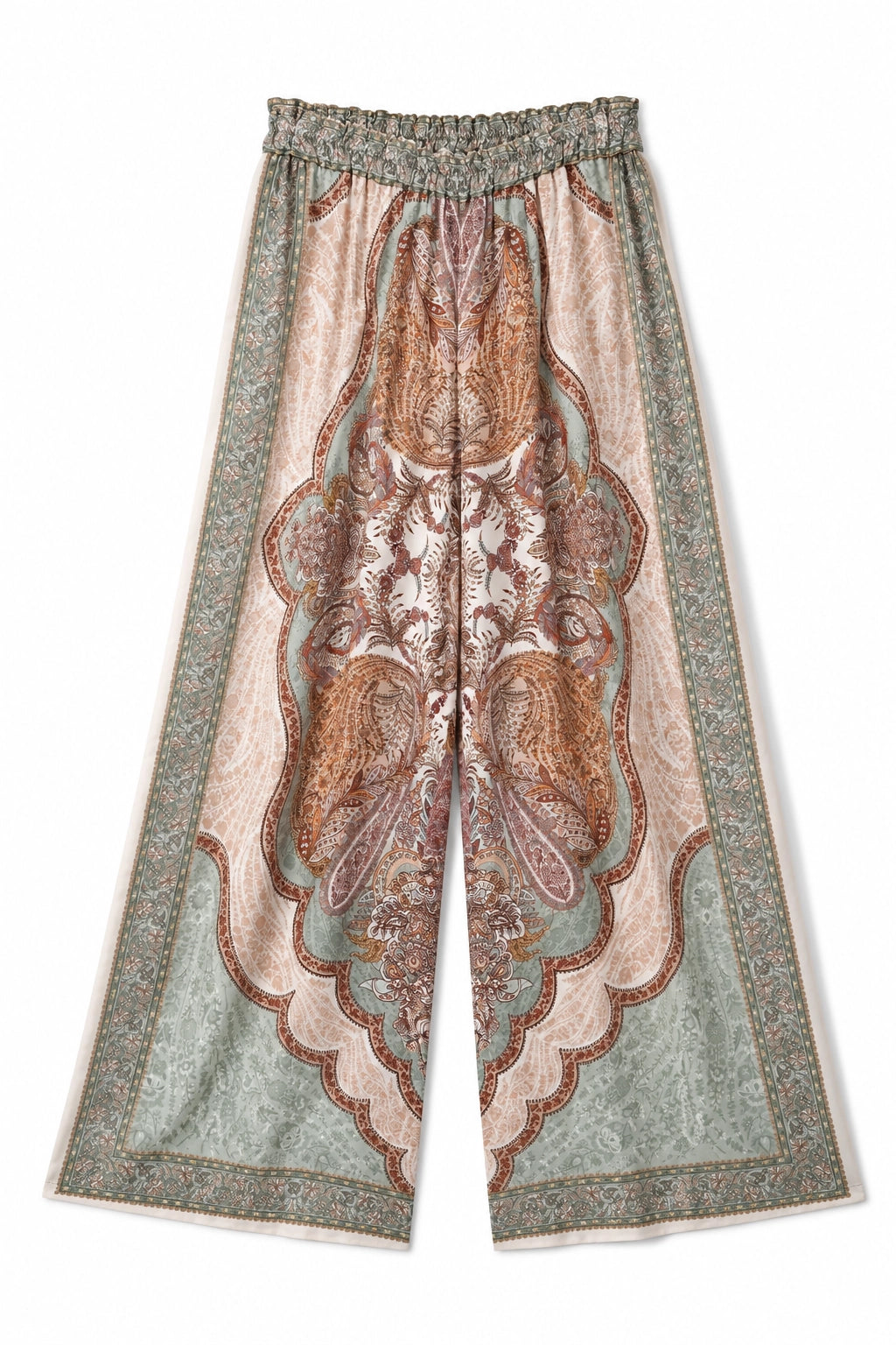 A pair of wide-leg cropped pants featuring a detailed paisley and floral pattern in muted tones of sage green, dusty pink, and brown, displayed flat against a white background.