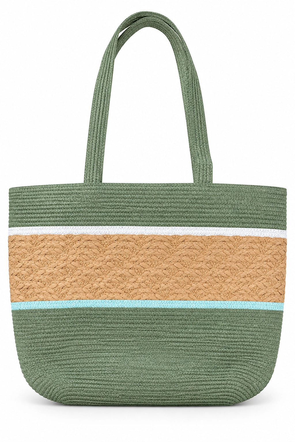 A woven straw tote bag with a color-blocked design featuring sage green, tan, and light blue stripes, set against a plain white background.