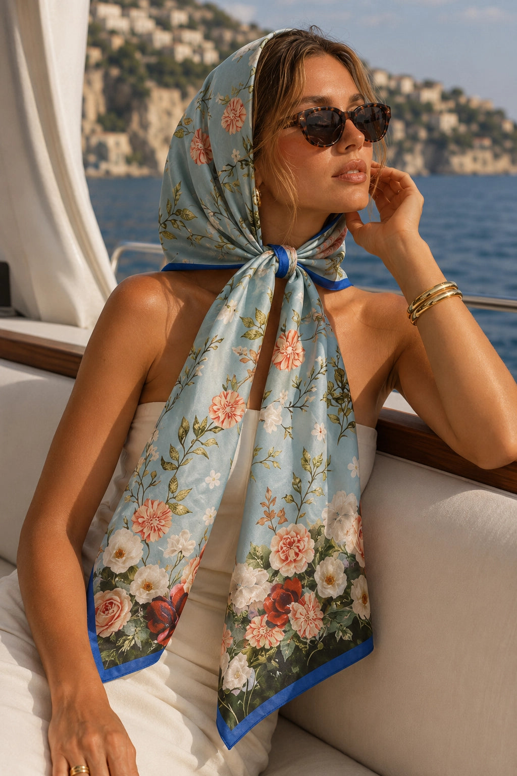 A woman on a boat wearing a light blue floral headscarf with pink, white, and green flowers, along with white sunglasses and a white strapless top.